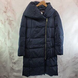 Cole Haan Down Puffer Jacket Womens Medium Blue Parka Coat Hood Long Navy